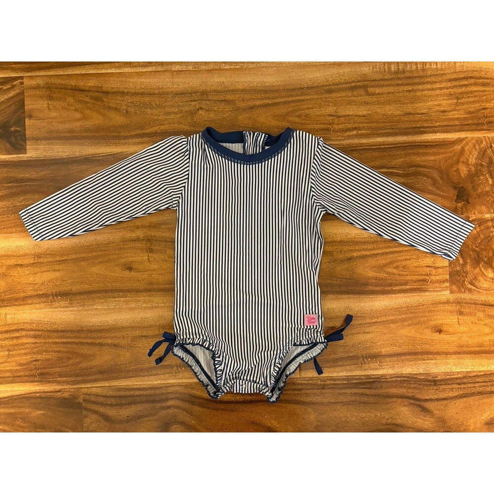 RuffleButts Long Sleeve Rash Guard Swimsuit, Navy/White, Size 2T